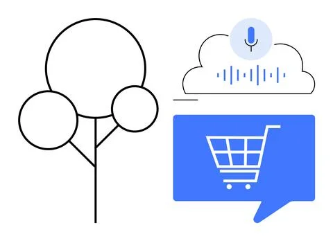 Voice Activated Shopping Concept with Cloud Tech, Minimalist Tree, and Shop.. Stock Illustration