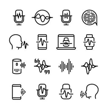 Voice and speech recognition, cellular network vector icons. Mic command and Illustrazione stock