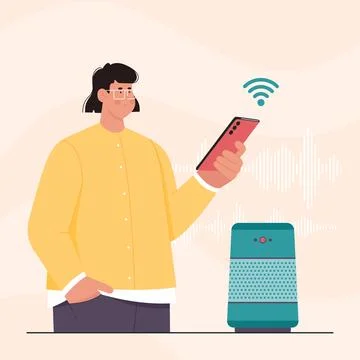 Voice assistant, AI technology, man holding mobile phone to connect with smart Stock Illustration