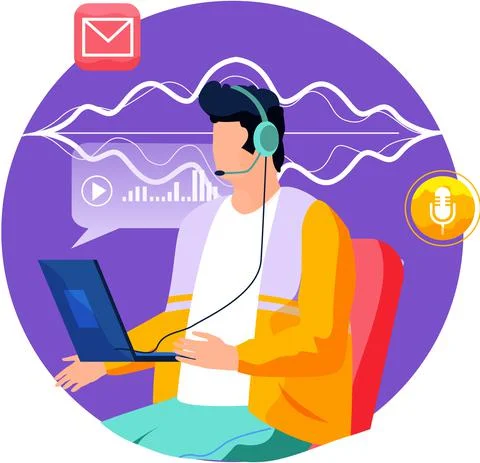 Voice assistant and speech recognition mobile app. Man with laptop saying Stock Illustration