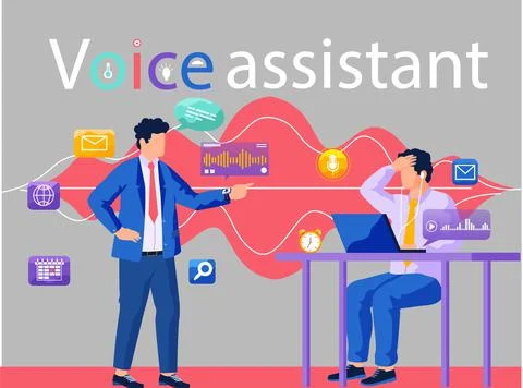 Voice assistant and speech recognition application. Men with laptop communicate 스톡 일러스트