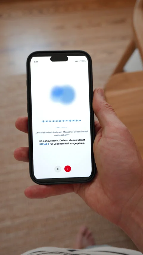 Voice assistant answering a spending question, vertical in German, asking Stock Footage 345404327