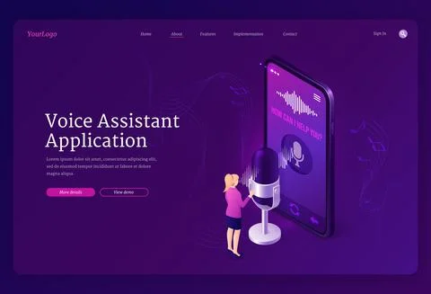 Voice assistant application isometric landing page Illustrazione stock