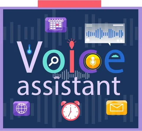 Voice assistant banner. Smart speaker with voice recognition flat vector Stock Illustration