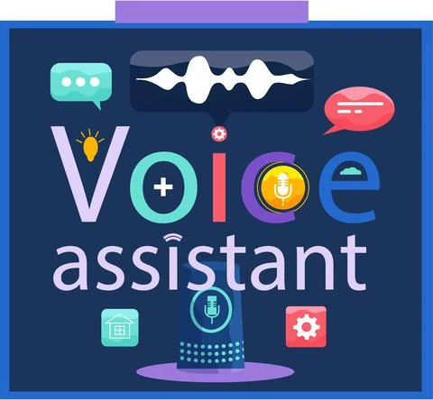 Voice assistant banner. Smart speaker with voice recognition flat vector Stock Illustration