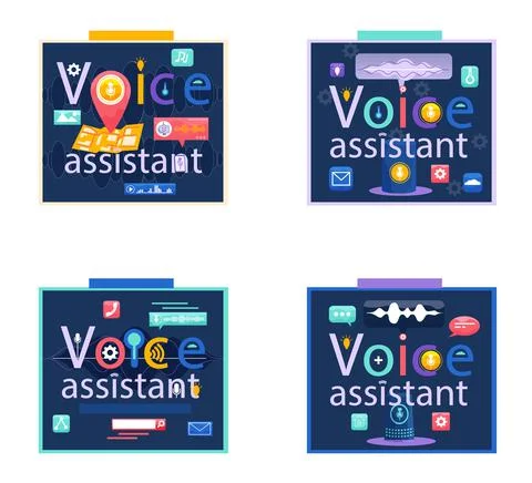 Voice assistant banner. Smart speaker with voice recognition flat vector Stock Illustration