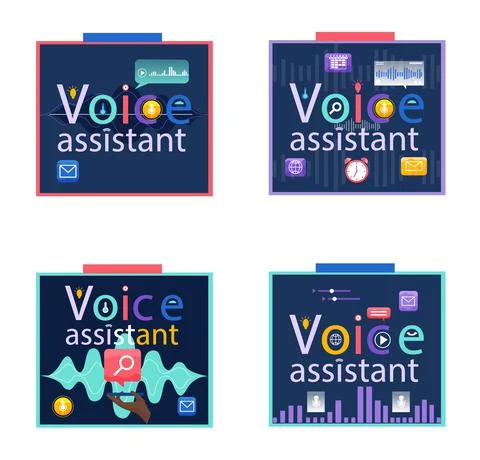 Voice assistant banner. Smart speaker with voice recognition flat vector Stock Illustration