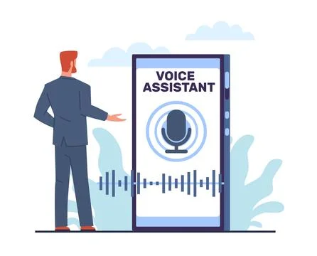 Voice assistant concept, man standing by his smartphone, microphone and sound Stock Illustration