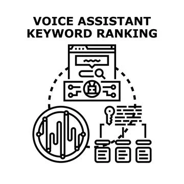 Voice assistant keyword ranking optimizing digital search strategy Stock Illustration