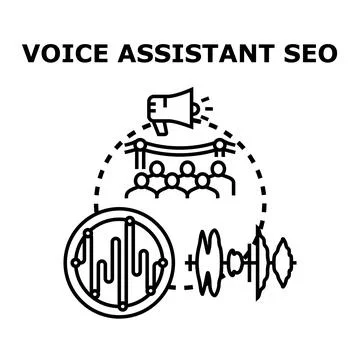 Voice assistant seo optimizing digital search strategy Illustrazione stock