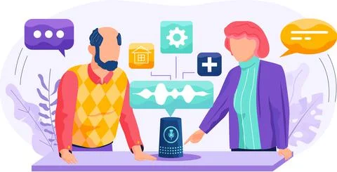 Voice assistant. Smart speaker virtual assistant, sound robot, people using Stock Illustration