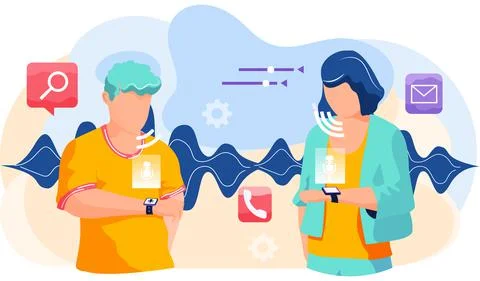 Voice assistant. Smart speaker virtual assistant, sound robot, people using Stock Illustration