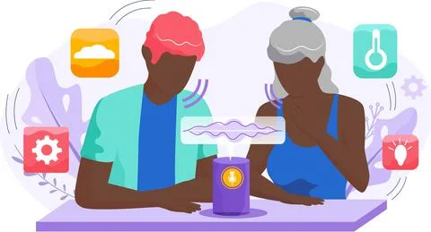 Voice assistant. Smart speaker virtual assistant, sound robot, people using Stock Illustration