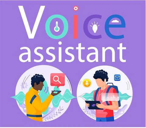 Voice assistant. Smart speaker virtual assistant, sound robot, people using Ilustración de archivo