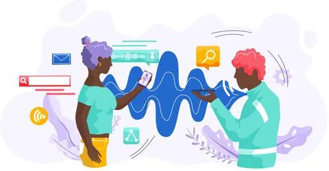 Voice assistant. Smart speaker virtual assistant, sound robot, people using Ilustração Stock
