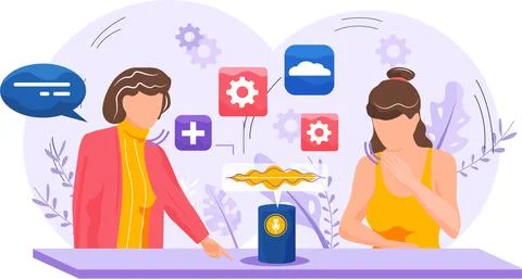 Voice assistant. Smart speaker virtual assistant, sound robot, people using Stock Illustration