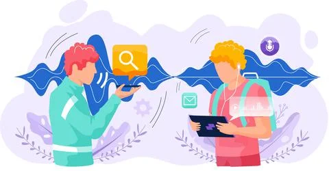 Voice assistant. Smart speaker virtual assistant, sound robot, people using Ilustración de archivo