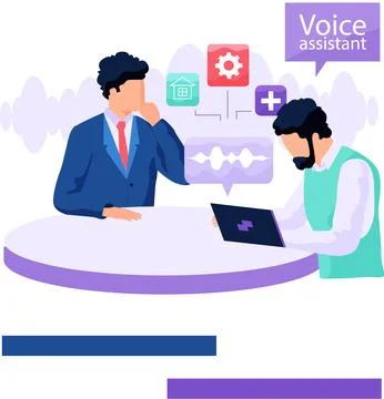 Voice assistant. Smart speaker virtual assistant, sound robot, people using Ilustração Stock