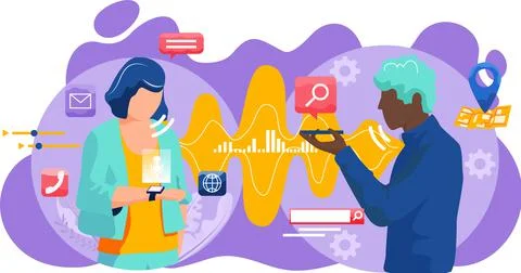 Voice assistant. Smart speaker virtual assistant, sound robot, people using Ilustração Stock