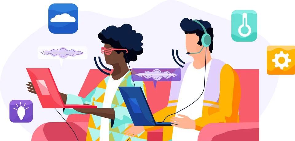 Voice assistant. Smart speaker virtual assistant, sound robot, people using Stock Illustration