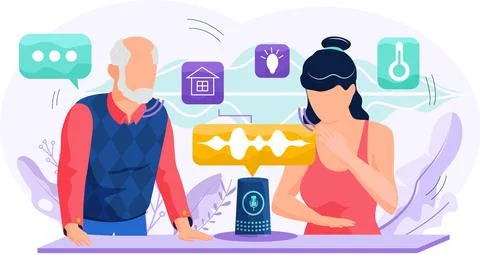 Voice assistant. Smart speaker virtual assistant, sound robot, people using Stock Illustration