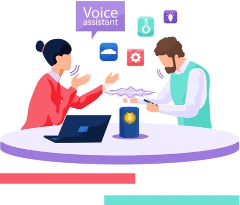 Voice assistant. Smart speaker virtual assistant, sound robot, people using Stock Illustration