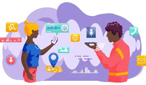 Voice assistant. Smart speaker virtual assistant, sound robot, people using Stock Illustration