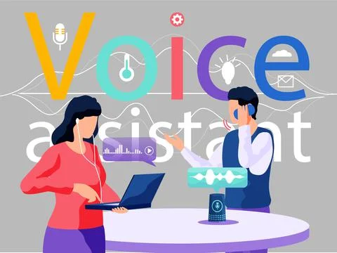 Voice assistant. Smart speaker virtual assistant, sound robot, people using Stock Illustration