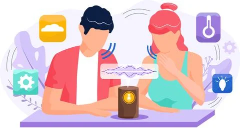 Voice assistant. Smart speaker virtual assistant, sound robot, people using Stock Illustration