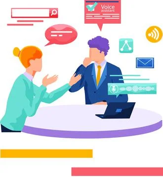 Voice assistant. Smart speaker virtual assistant, sound robot, people using Ilustração Stock