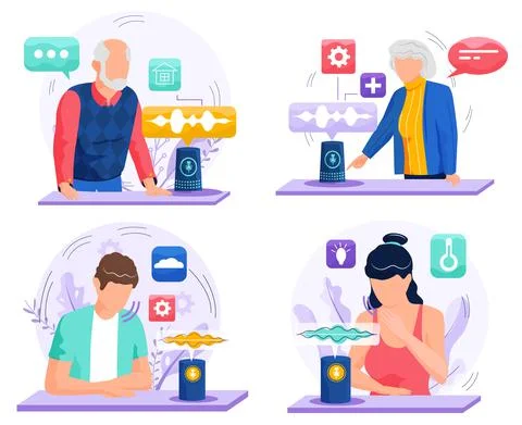 Voice assistant. Smart speaker virtual assistant, sound robot, people using Stock Illustration
