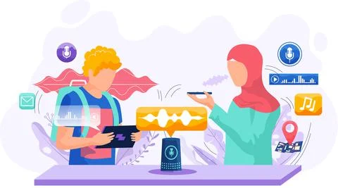 Voice assistant. Smart speaker virtual assistant, sound robot, people using Stock Illustration