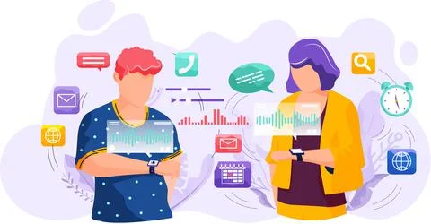 Voice assistant. Smart speaker virtual assistant, sound robot, people using Ilustración de archivo