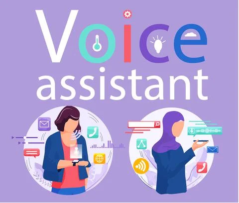 Voice assistant. Smart speaker virtual assistant, sound robot, people using Ilustração Stock