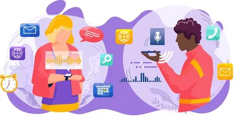 Voice assistant. Smart speaker virtual assistant, sound robot, people using Ilustração Stock