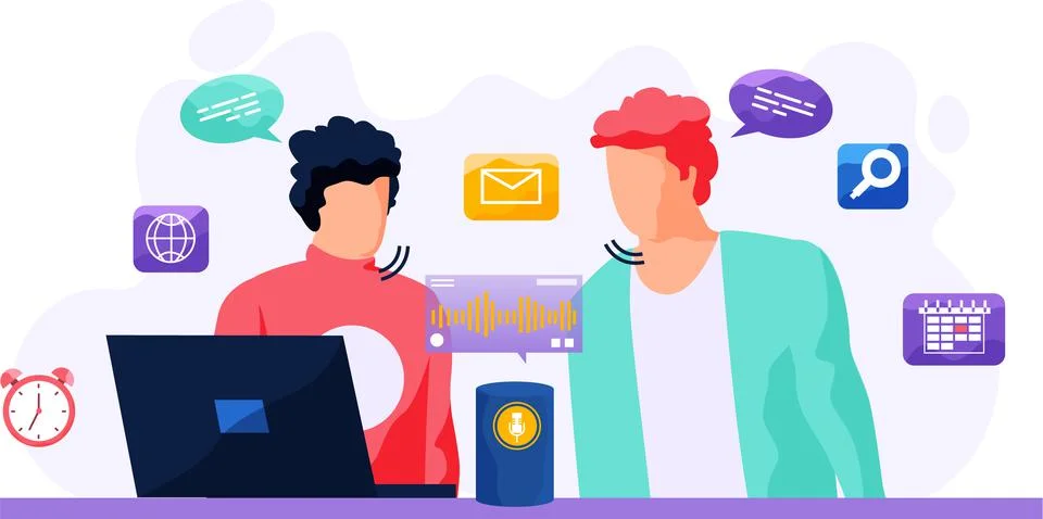 Voice assistant. Smart speaker virtual assistant, sound robot, people using Ilustração Stock