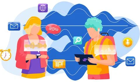 Voice assistant. Smart speaker virtual assistant, sound robot, people using Ilustração Stock