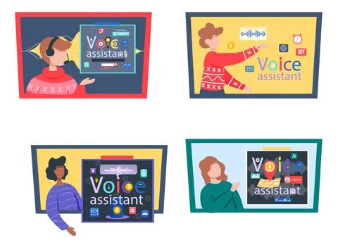 Voice assistant. Smart speaker virtual assistant, sound robot, people using Ilustração Stock