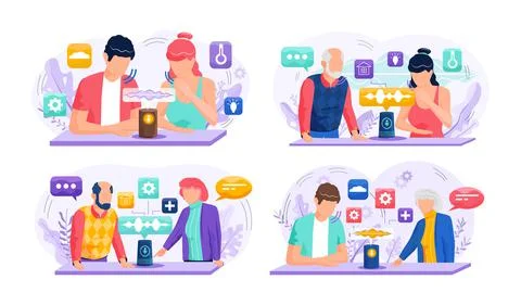 Voice assistant. Smart speaker virtual assistant, sound robot, people using Ilustração Stock