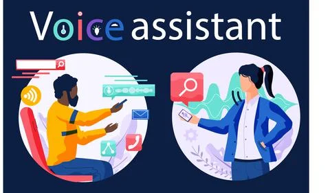 Voice assistant. Smart speaker virtual assistant, sound robot, people using Stock Illustration