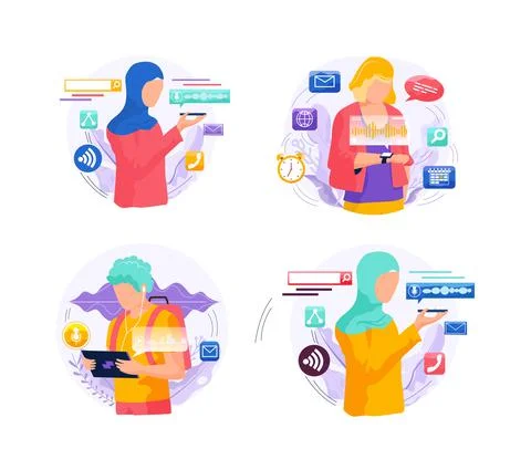 Voice assistant. Smart speaker virtual assistant, sound robot, people using Ilustração Stock