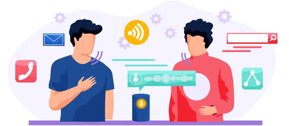 Voice assistant. Smart speaker virtual assistant, sound robot, people using Ilustración de archivo