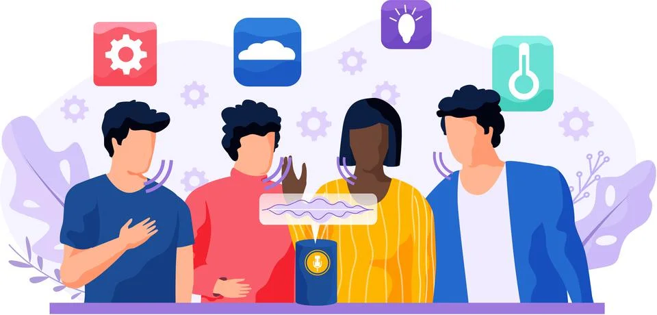 Voice assistant. Smart speaker virtual assistant, sound robot, people using Stock Illustration