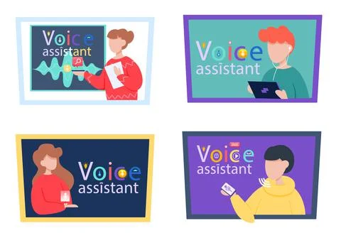Voice assistant. Smart speaker virtual assistant, sound robot, people using Ilustração Stock