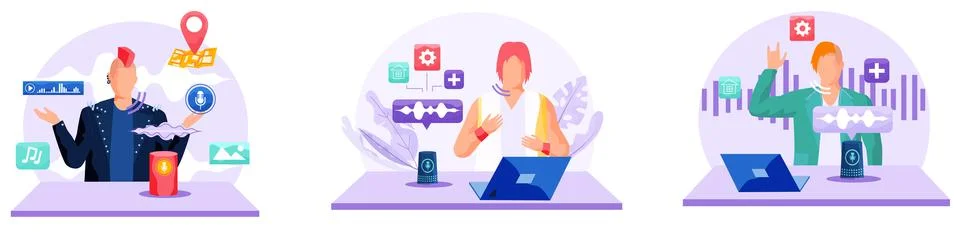 Voice assistant. Smart speaker virtual assistant, sound robot, people using Ilustración de archivo