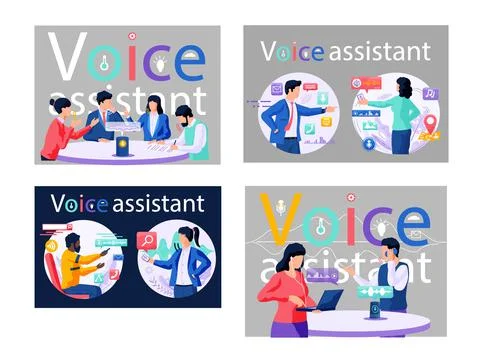 Voice assistant. Smart speaker virtual assistant, sound robot, people using Ilustração Stock