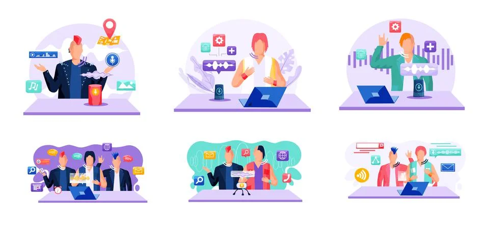 Voice assistant. Smart speaker virtual assistant, sound robot, people using 스톡 일러스트