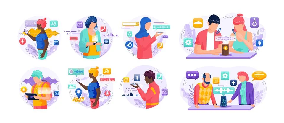 Voice assistant. Smart speaker virtual assistant, sound robot, people using Ilustração Stock