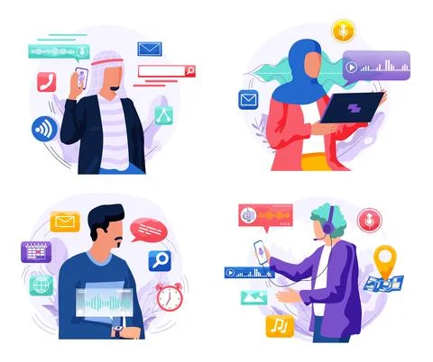 Voice assistant. Smart speaker virtual assistant, sound robot, people using Ilustración de archivo
