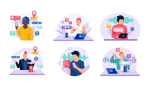 Voice assistant. Smart speaker virtual assistant, sound robot, people using Stock Illustration